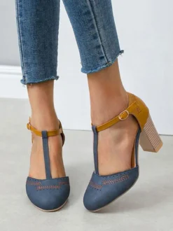 Escarpins vintage femme talon épais boucle réglable