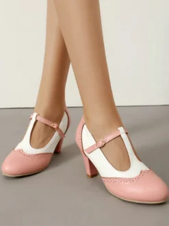 Escarpins vintage pour femmes bout rond bride en T talon compensé