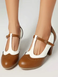 Escarpins vintage pour femmes bout rond bride en T talon compensé
