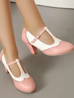 Escarpins vintage pour femmes bout rond bride en T talon compensé