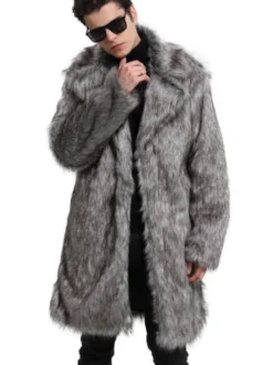 Fausse Fourrure Manteau Gris Fuzzy Coat Turndown Collar Hommes Casual Manteau D'hiver