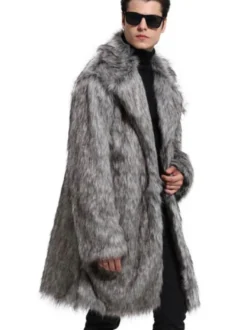 Fausse Fourrure Manteau Gris Fuzzy Coat Turndown Collar Hommes Casual Manteau D'hiver