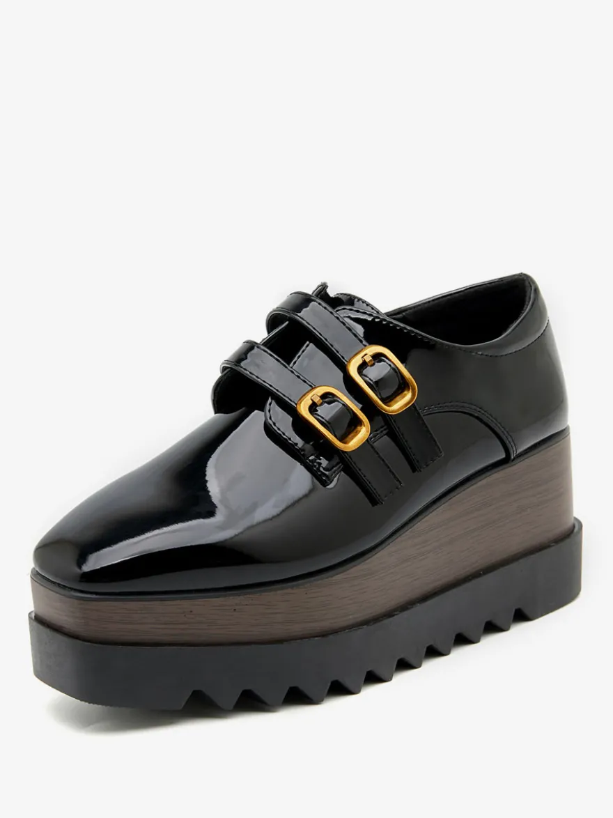 Femme Boucle Bout Carré Talon Compensé Cuir Verni