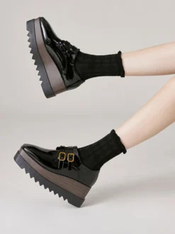 Femme Boucle Bout Carré Talon Compensé Cuir Verni