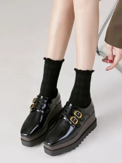 Femme Boucle Bout Carré Talon Compensé Cuir Verni