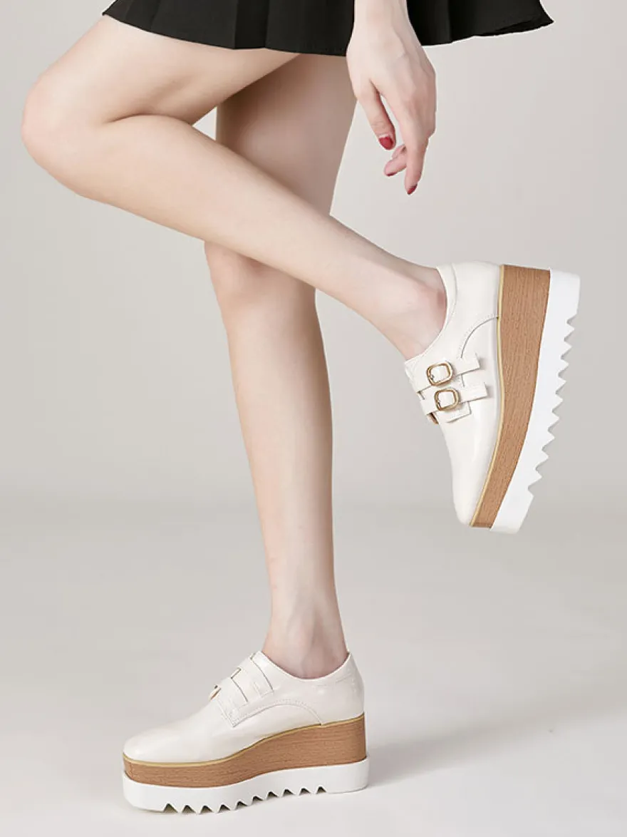Femme Boucle Bout Carré Talon Compensé Cuir Verni
