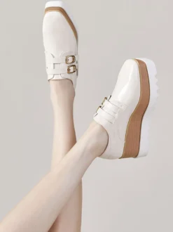 Femme Boucle Bout Carré Talon Compensé Cuir Verni