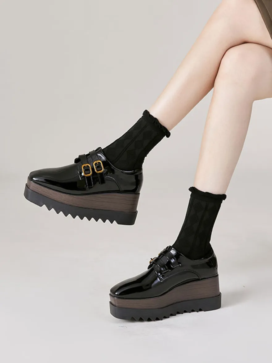 Femme Boucle Bout Carré Talon Compensé Cuir Verni