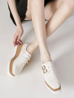 Femme Boucle Bout Carré Talon Compensé Cuir Verni