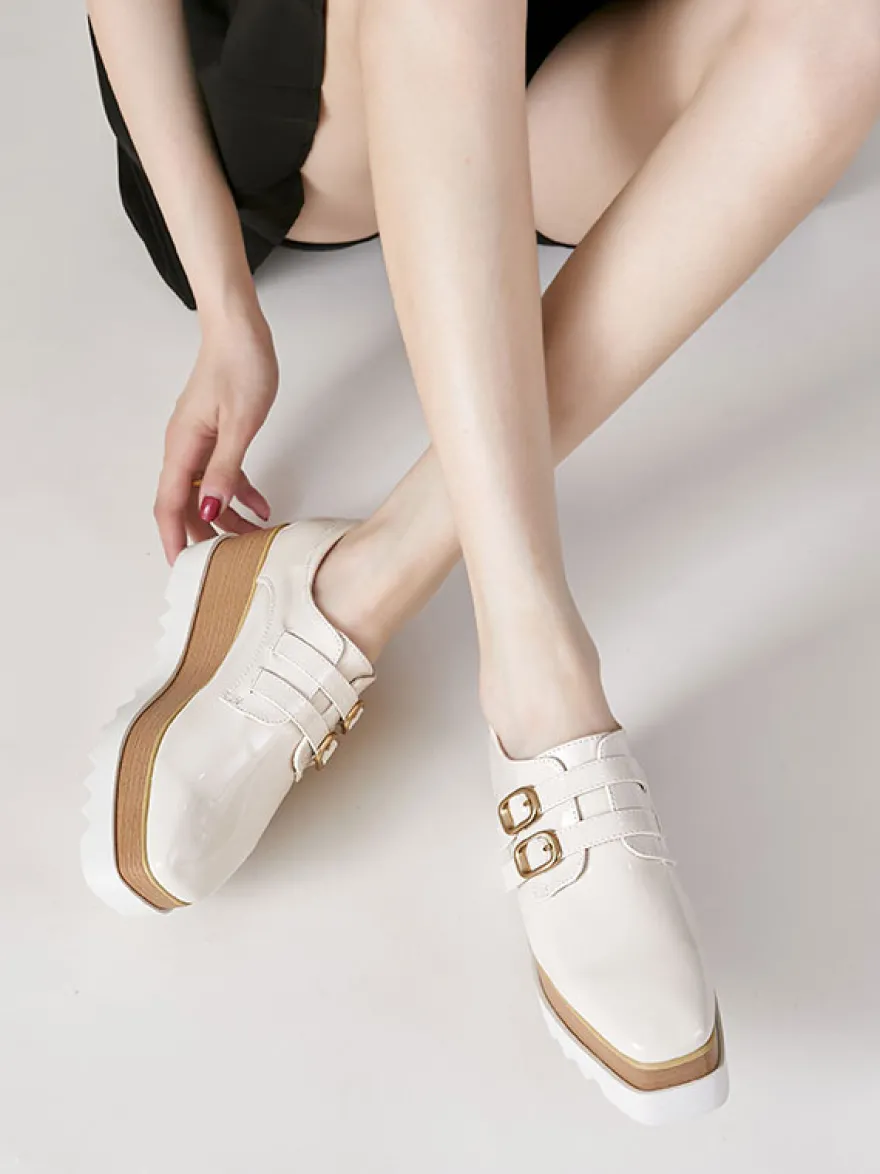 Femme Boucle Bout Carré Talon Compensé Cuir Verni