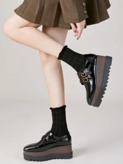 Femme Boucle Bout Carré Talon Compensé Cuir Verni