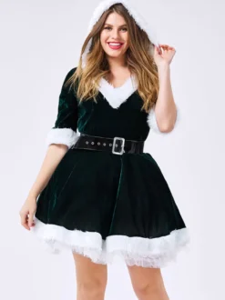 Femme Costume De Noël Col En V Fourrure Velours Robe Patineuse Vert Foncé Déguisement Noël