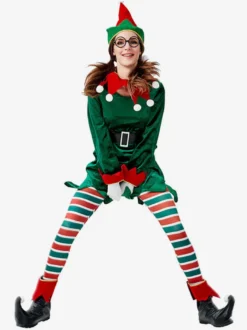 Femme Noël Vert Fibre de polyester Chapeau Ceinture Pantalon Polyester Bicolore Vacances de Noël Les costumes