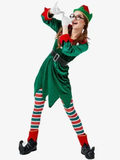 Femme Noël Vert Fibre de polyester Chapeau Ceinture Pantalon Polyester Bicolore Vacances de Noël Les costumes