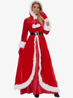 Femme Robe de Noël Rouge Gants en Fibre de Polyester Robe Ceinture Polyester Bicolore Costumes de vacances de Noël
