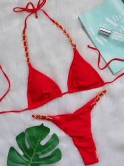 Femmes Bikini Maillot De Bain Chaînes Rouges Dos Nu Été Sexy Maillots De Bain