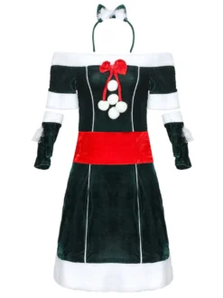 Femmes Costume De Noël Ensemble Complet Robe Tunique Vert Foncé Polyester Fibre Robe Gants Noël Vacances Costumes Cadeau Noël Déguisement