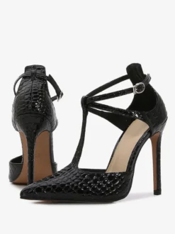 Femmes Noir T Sangle Talons pointus Toe Stiletto Talon Pompes