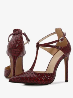 Femmes Noir T Sangle Talons pointus Toe Stiletto Talon Pompes