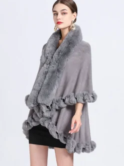 Femmes Poncho Col En Fausse Fourrure Cape Printemps Vêtements D'extérieur