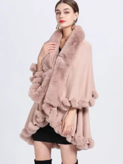 Femmes Poncho Col En Fausse Fourrure Cape Printemps Vêtements D'extérieur