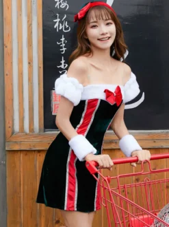 Femmes Robe Noir Sexy Velours Costumes De Vacances De Noël Déguisements