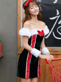 Femmes Robe Noir Sexy Velours Costumes De Vacances De Noël Déguisements