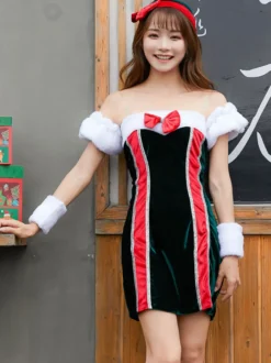 Femmes Robe Noir Sexy Velours Costumes De Vacances De Noël Déguisements