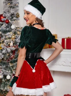 Femmes Robe Tunique Déguisement Noël Rouge Polyester Ensemble Chapeau Polyester Costumes De Cadeau Noël