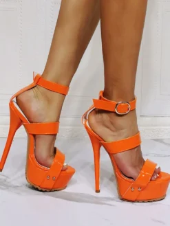Femmes Stiletto Heel Open Toe Patent PU Haute-Orange Chaussures à la cheville Orange