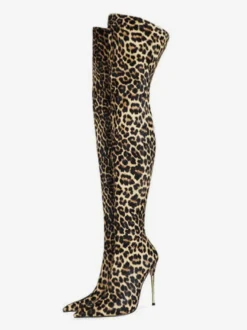 Femmes sur les bottes au genou talon aiguille bout pointu en cuir PU cuissardes