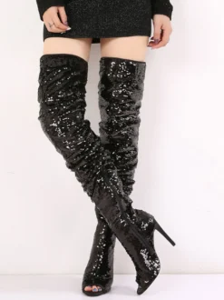 Femme Talon Aiguille Cuissardes Pailleté Tissu Bottes