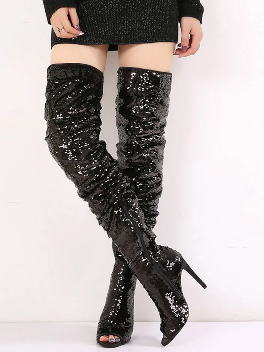 Femme Talon Aiguille Cuissardes Pailleté Tissu Bottes
