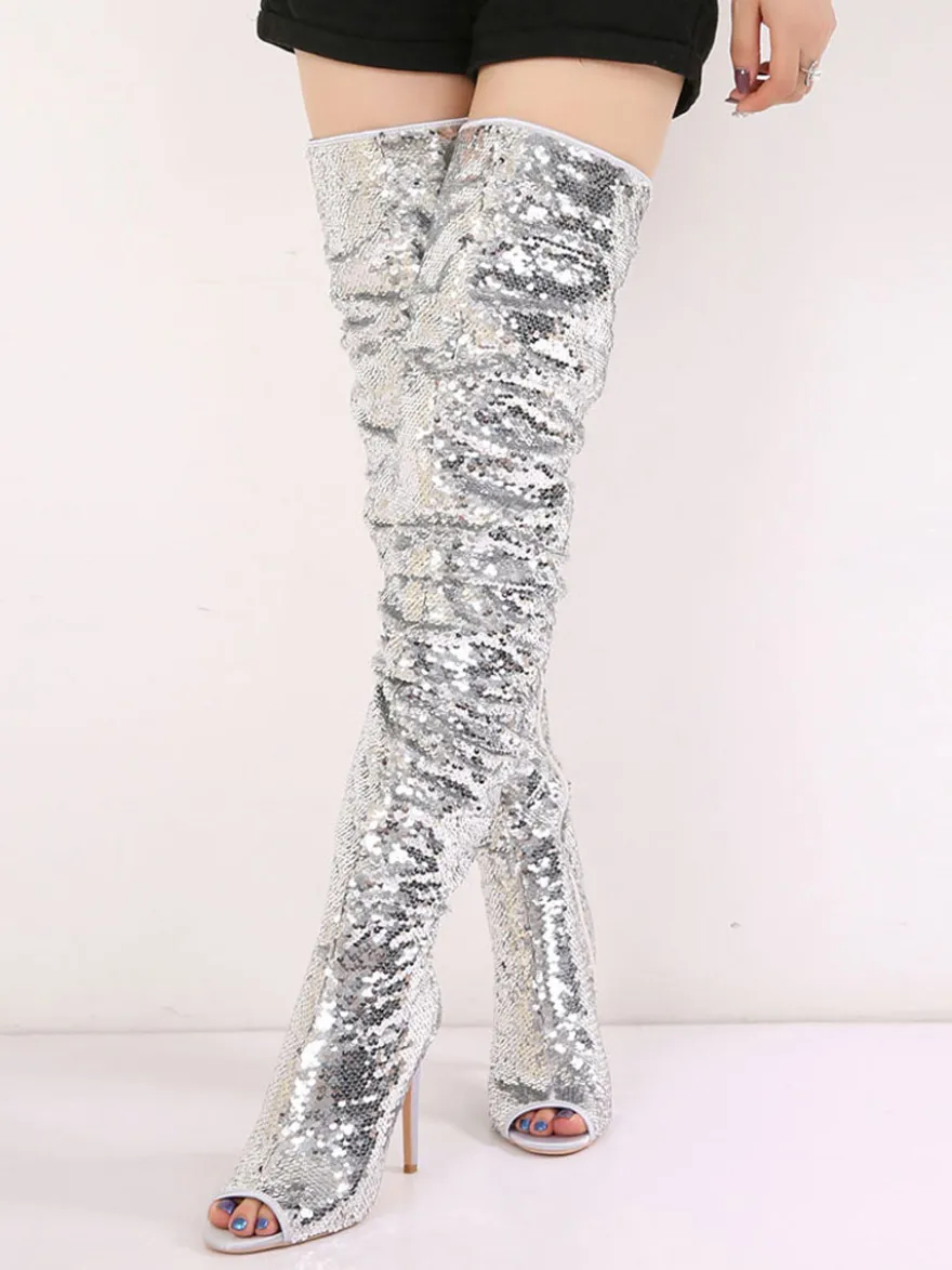 Femme Talon Aiguille Cuissardes Pailleté Tissu Bottes