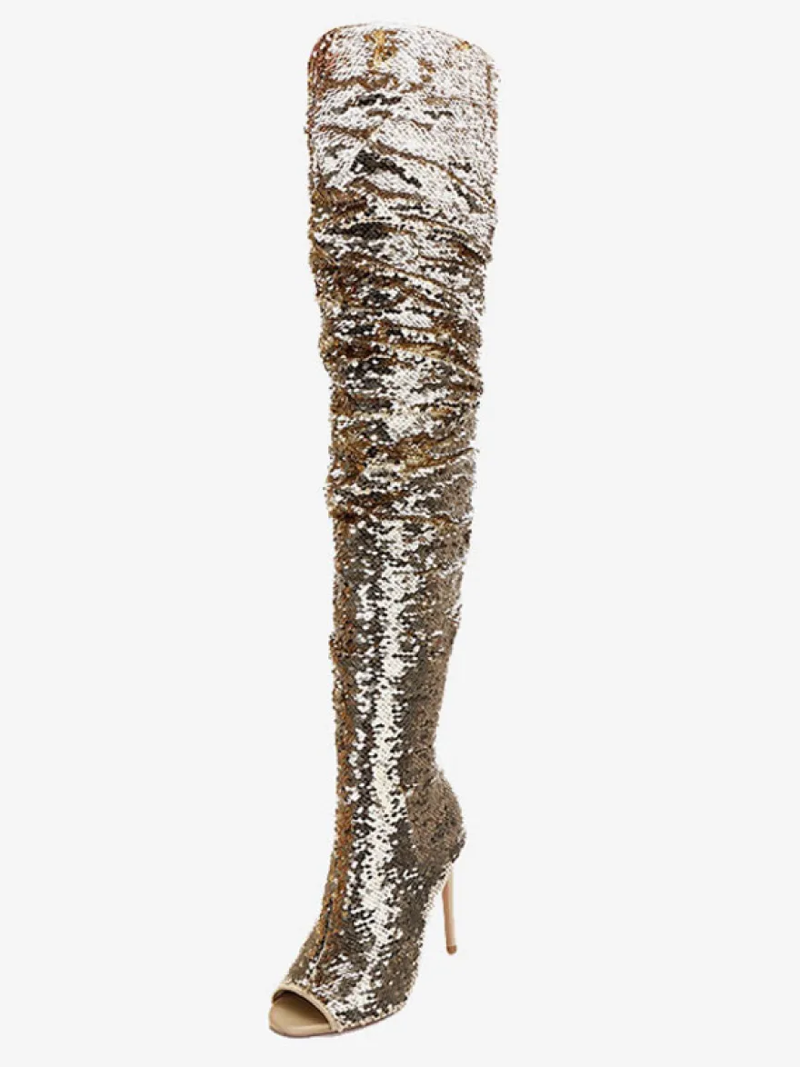 Femme Talon Aiguille Cuissardes Pailleté Tissu Bottes