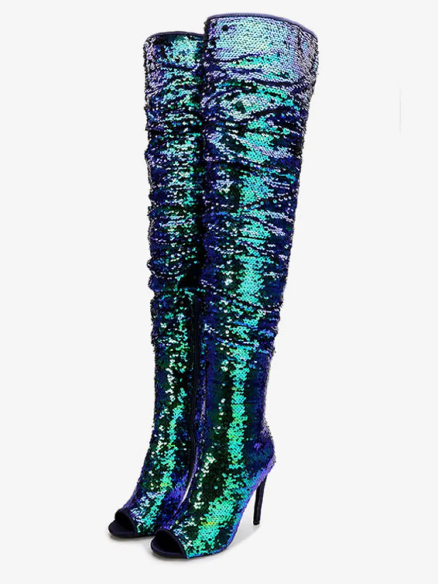 Femme Talon Aiguille Cuissardes Pailleté Tissu Bottes