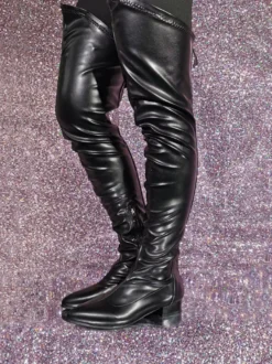 Femme Talon Bas Cuissardes Cuir PU