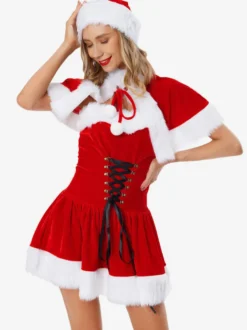 Femme Tunique de Noël Café Marron Chapeau Cape Robe Polyester Costumes de vacances de Noël