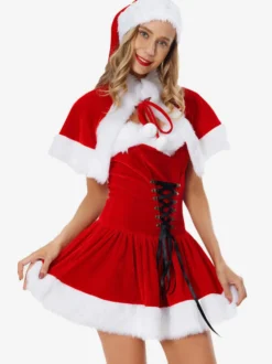 Femme Tunique de Noël Café Marron Chapeau Cape Robe Polyester Costumes de vacances de Noël