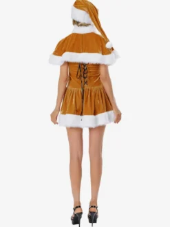 Femme Tunique de Noël Café Marron Chapeau Cape Robe Polyester Costumes de vacances de Noël