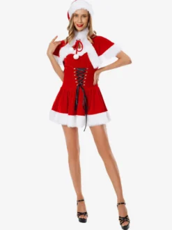 Femme Tunique de Noël Café Marron Chapeau Cape Robe Polyester Costumes de vacances de Noël