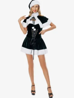 Femme Tunique de Noël Café Marron Chapeau Cape Robe Polyester Costumes de vacances de Noël