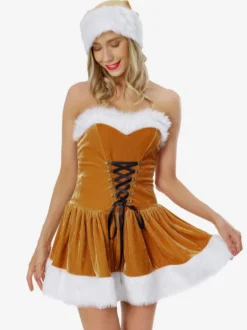 Femme Tunique de Noël Café Marron Chapeau Cape Robe Polyester Costumes de vacances de Noël