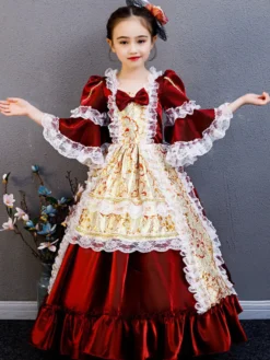 Fibre de polyester Tea Party Drapé Manches 3/4 Robe d'été en polyester Imprimé floral Bordeaux Robes Lolita pour enfants