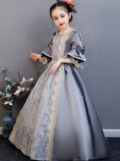Fibre de polyester Tea Party Drapé Manches 3/4 Robe d'été en polyester Imprimé fleuri Gris Robes Lolita pour enfants