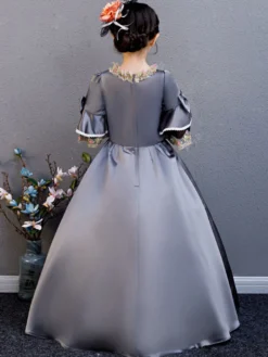 Fibre de polyester Tea Party Drapé Manches 3/4 Robe d'été en polyester Imprimé fleuri Gris Robes Lolita pour enfants