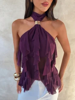 Fuchsia Cami Top Halter Volants Casual Sans Manches Femmes Camis