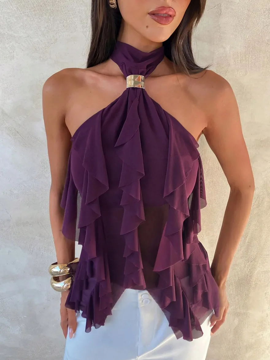 Fuchsia Cami Top Halter Volants Casual Sans Manches Femmes Camis