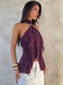 Fuchsia Cami Top Halter Volants Casual Sans Manches Femmes Camis