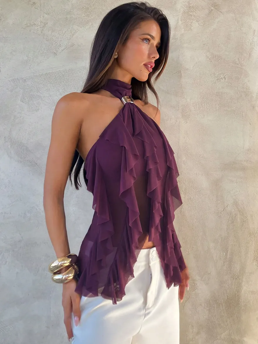 Fuchsia Cami Top Halter Volants Casual Sans Manches Femmes Camis